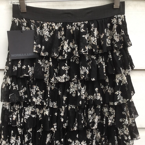 New Norma Kamali black & white layered ruffle maxi skirt delicate flowers XS - Picture 4 of 9